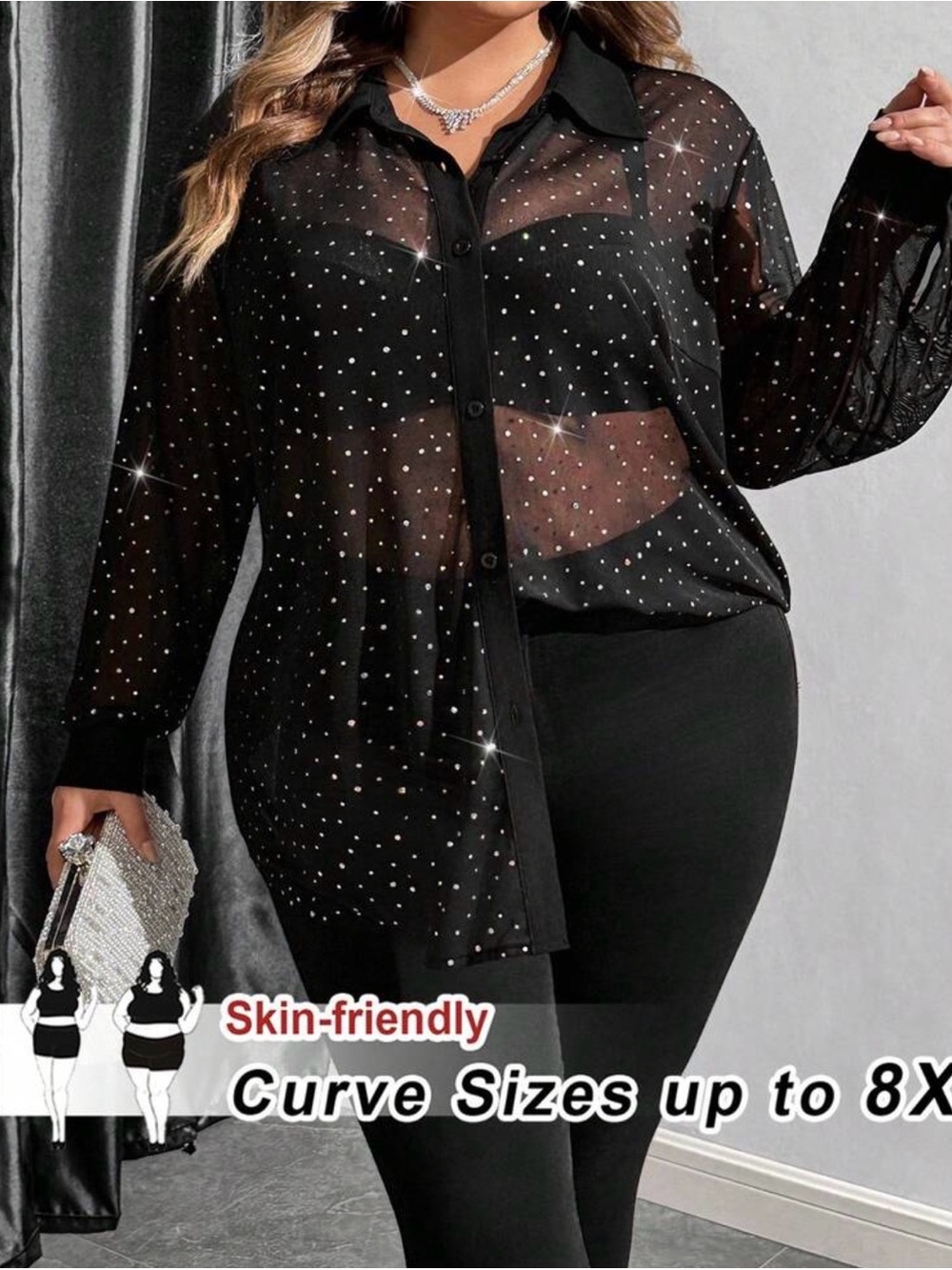 Women’s plus size SHEIN Black Sheer polka dot Button-Down Shirt size 8XL 32/34